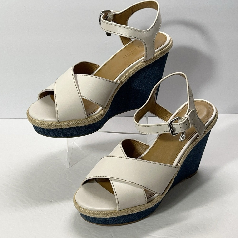 Coach Womens Eaton Chalk Ivory Leather Denim Wedge‎ Platform Sandals Charm 9